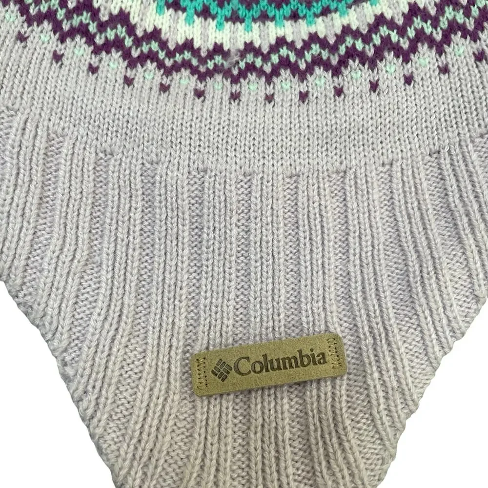 Columbia Omni Heat Earflap Beanie Hat Cream Pink Purple Fair Isle Pom Pom Chullo